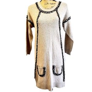 See By Chloe Womens Jumper Dress Light Beige 3/4 Sleeve Virgin Wool Knit SZ S